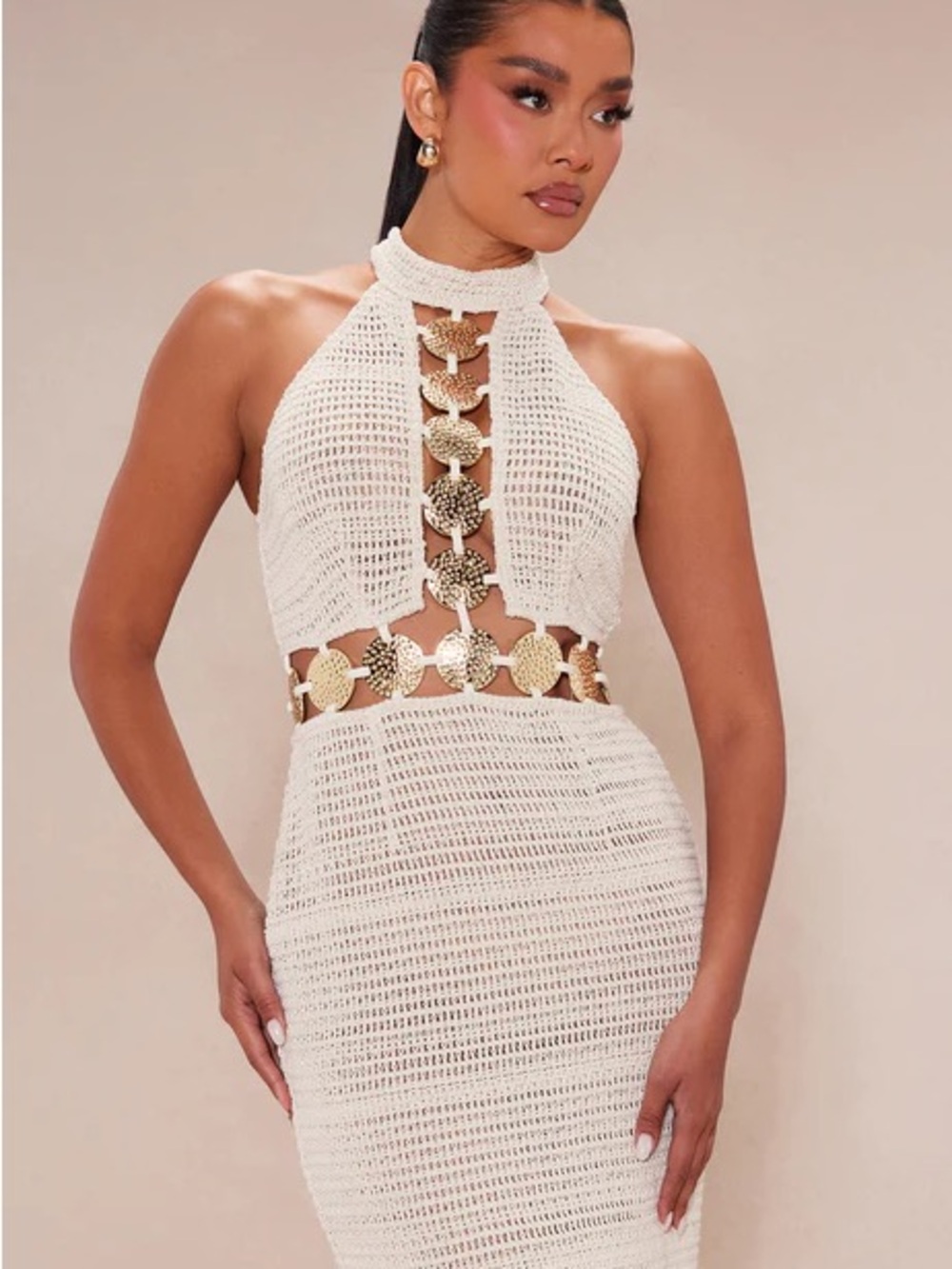 Cream Crochet Halter Maxi Dress with Gold Accent